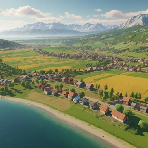 Prompt: Rural village. Landscape with all colors. With the mountains, ocean, trees, and fields.  Summer. Detailed. 8k. UHD. Realistic. Aerial shot.