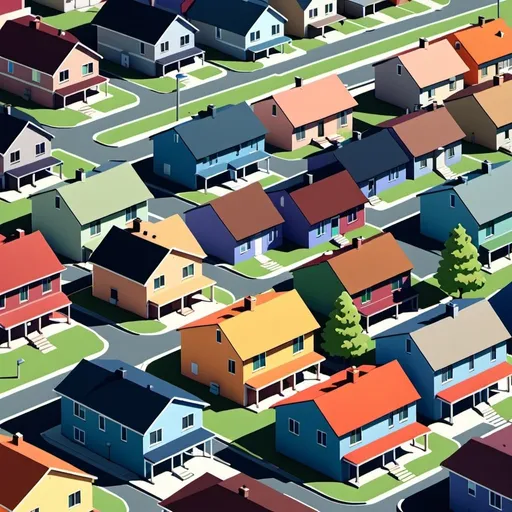 Prompt: 8 color palette bitmap image of a suburban town.