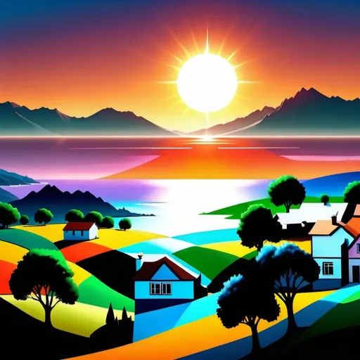 Prompt: Landscape with all colors. With the sun, houses, mountains, ocean, trees, and fields. Detailed. 8k. UHD. Realistic.
