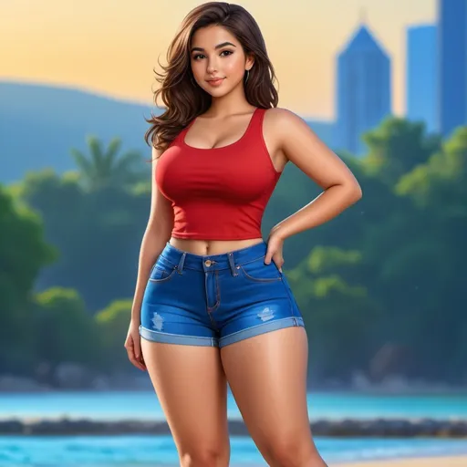 Prompt: 18 year old mix of Middle Eastern, Slavic, Latina, and Asian girl, innocent, feminine, babyface, short girl, cute girl, brown hair, brown eyes, olive skin, red sleeveless shirt and blue denim shorts,  curvy body, hourglass figure, full body, high definition, 8k, detailed, comic art.