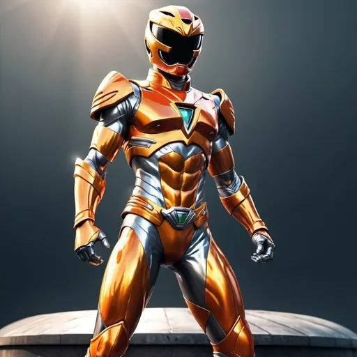 Prompt: Full-body illustration of the Orange Power Ranger in metal armor, standing on a base, detailed metallic textures, powerful stance, high-quality, professional, detailed armor, bright and vibrant colors, dynamic pose, superhero, metallic sheen, shiny finish, intricate details, heroic, larger than life, vibrant, action-packed, highres, ultra-detailed, dynamic lighting, bold and vivid tones