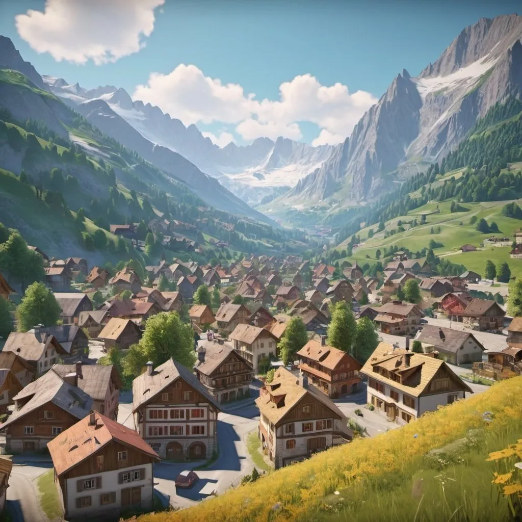 Prompt: Landscape of all colors. A town in the Alps. Summer. trending on artstation, 8k, highly detailed and intricate. UHD. Realistic.