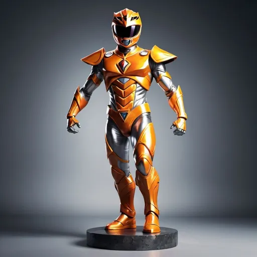 Prompt: Full-body illustration of the Orange Power Ranger in metal armor, standing on a base, detailed metallic textures, powerful stance, high-quality, professional, detailed armor, bright and vibrant colors, dynamic pose, superhero, metallic sheen, shiny finish, intricate details, heroic, larger than life, vibrant, action-packed, highres, ultra-detailed, dynamic lighting, bold and vivid tones