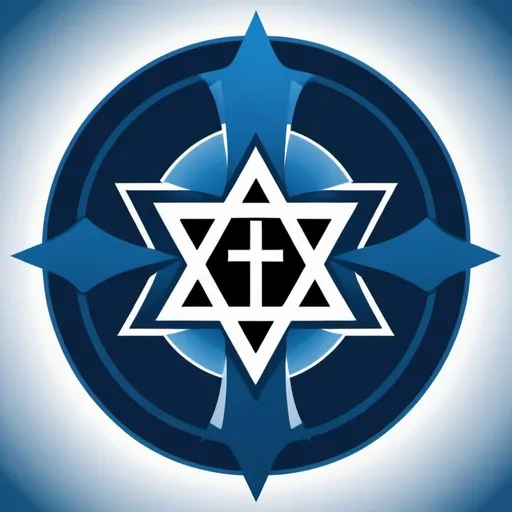 Prompt: A church logo with a  Star of david with a Cross at the center. Shades of blue.