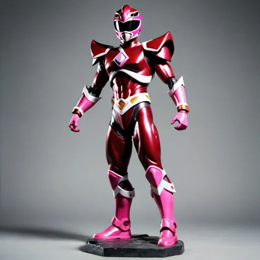 Prompt: Maroon, Red, and Pink Power Ranger with metal armor. Full body. Standing on a base.