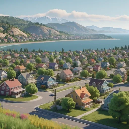 Prompt: Suburban town Landscape with all colors. With the mountains, ocean, trees, and fields.  Summer. Detailed. 8k. UHD. Realistic.