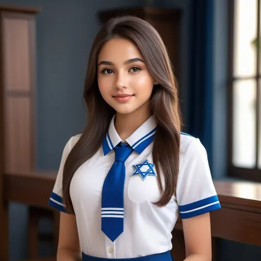 Prompt: An 18 year old mix of Mizrahi Jewish, Israeli Arab, Filipina, and Slavic girl, Innocent,  short girl, cute girl, feminine, babyface, curvy body, full body, school uniform, 8k photo, realistic human face, detailed, glamorous, high-quality, luxury, elegant, classic lighting