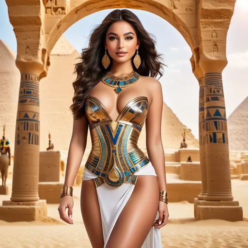 Prompt: Realistic high definition fashion business in the Metarverse photo, amazing composition, astonishing detail, ancient Egypt decor, 18 year old model, mix of Levantine Arab, Filipina, Latina, and Slavic girl, cute girl, curvy body, hourglass figure, full body.