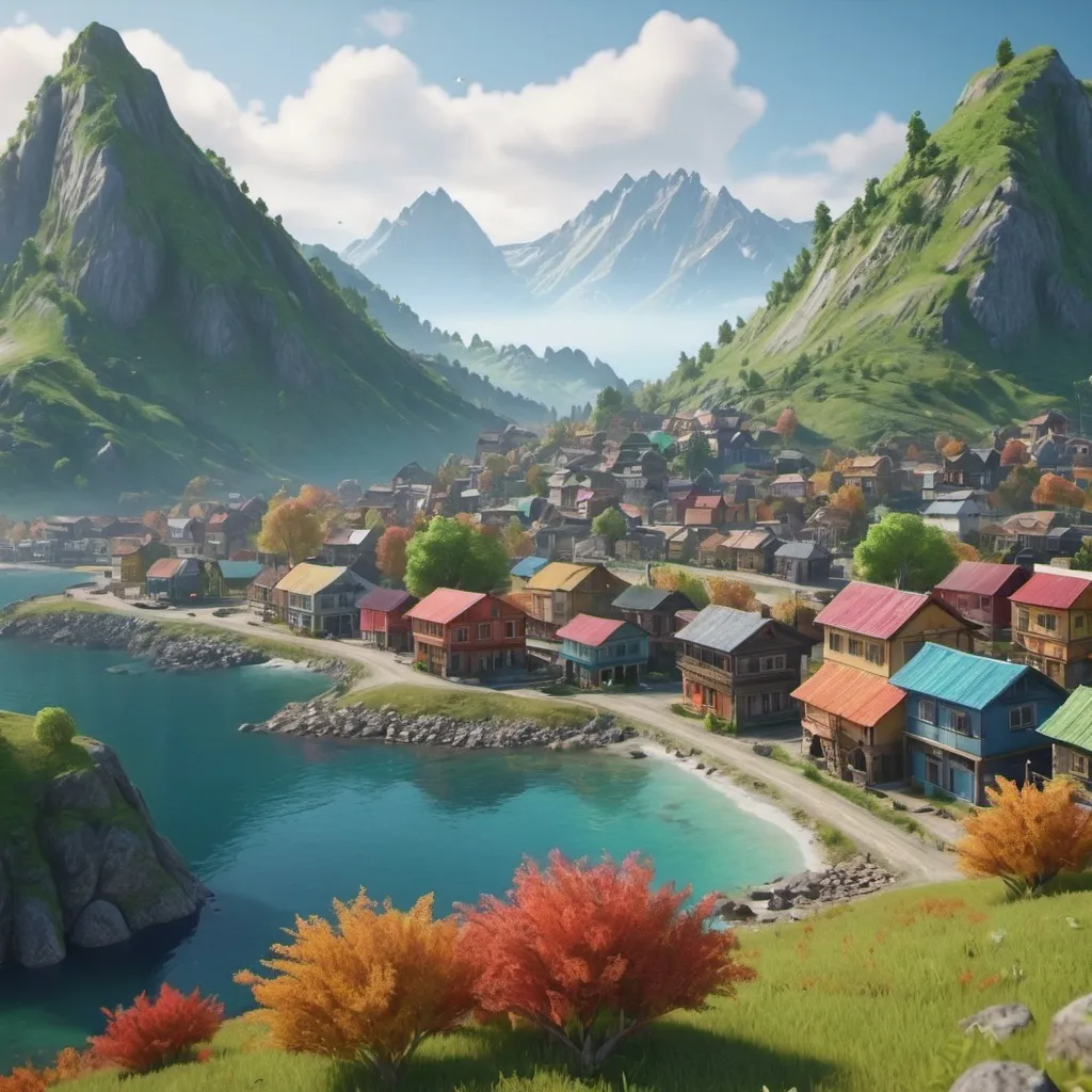 Prompt: A mountainous island town. landscape with all colors. UHD. Realistic.