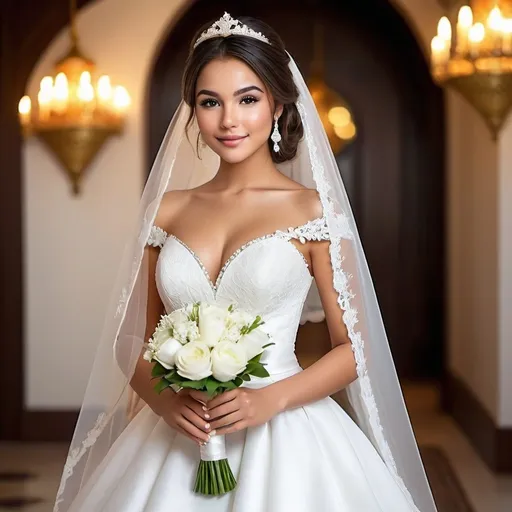 Prompt: 18 year old mix of Russian, Iranian, Latina, and Filipina bride, babyface, short girl, cute girl, traditional wedding dress, white skin tone, hourglass figure, full body, high definition, detailed, realistic face