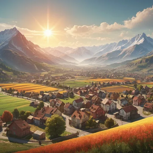 Prompt: Town landscape of all colors. Showing sun, mountains, and fields. trending on artstation, 8k, highly detailed and intricate. UHD.