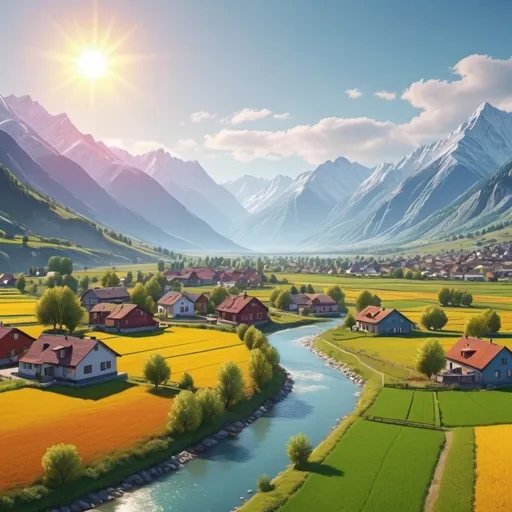 Prompt: Sun, mountains, fields, rivers, houses. Colorful view. Detailed. 8k. UHD. Realistic.