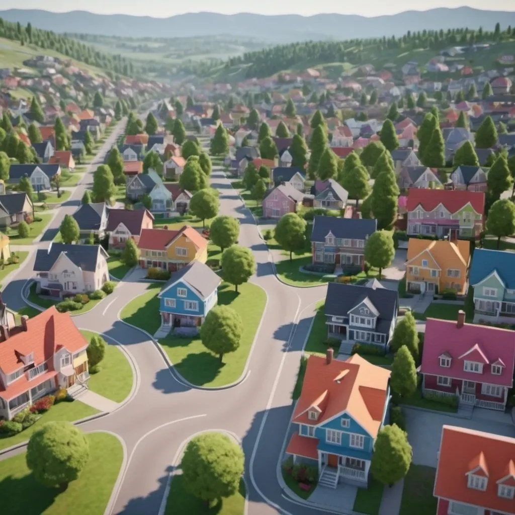 Prompt: Suburban town. Colorful view. Detailed. 8k. UHD. Realistic.