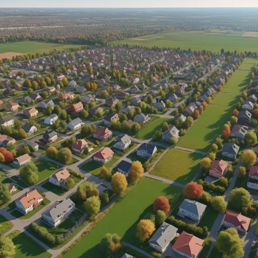 Prompt: Landscape of all colors. Suburban town. Showing trees and fields. Professional photography, 8k, highly detailed and intricate. UHD. Realistic.