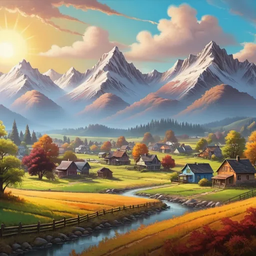 Prompt: Town landscape of all colors. Showing sun, mountains, and fields. Bob Ross style painting, trending on artstation, 8k, highly detailed and intricate. UHD.