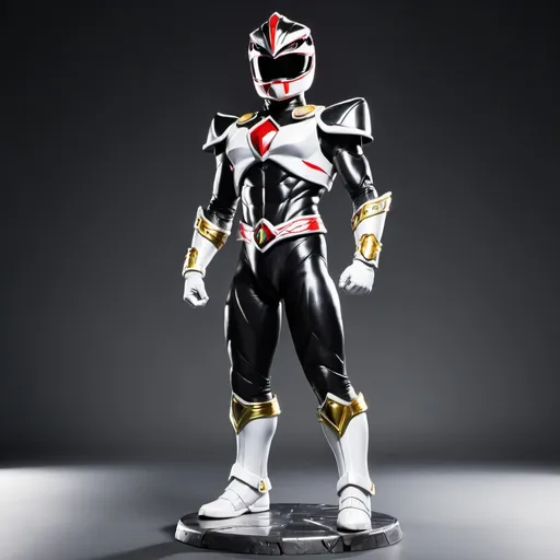 Prompt: Black, Gray, and White Power Ranger with metal armor. Full body. Standing on a base.