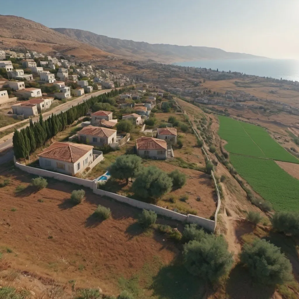 Prompt: Landscape of all colors. With the sun, houses, mountains, ocean, trees, and fields. Israel. Detailed. 8k. UHD. Realistic.