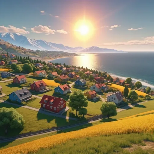 Prompt: Landscape of all colors. With the sun, houses, mountains, ocean, trees, and fields. Detailed. 8k. UHD. Realistic.