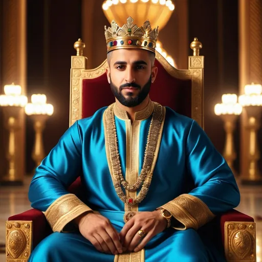 Prompt: A photo of a Middle Eastern Christian King with regal crown and robe, majestic throne, short hair, luxurious palace setting, textured , warm and soft lighting, high quality, opulent, realistic, 4d, uhd, majestic, warm lighting, detailed facial features.