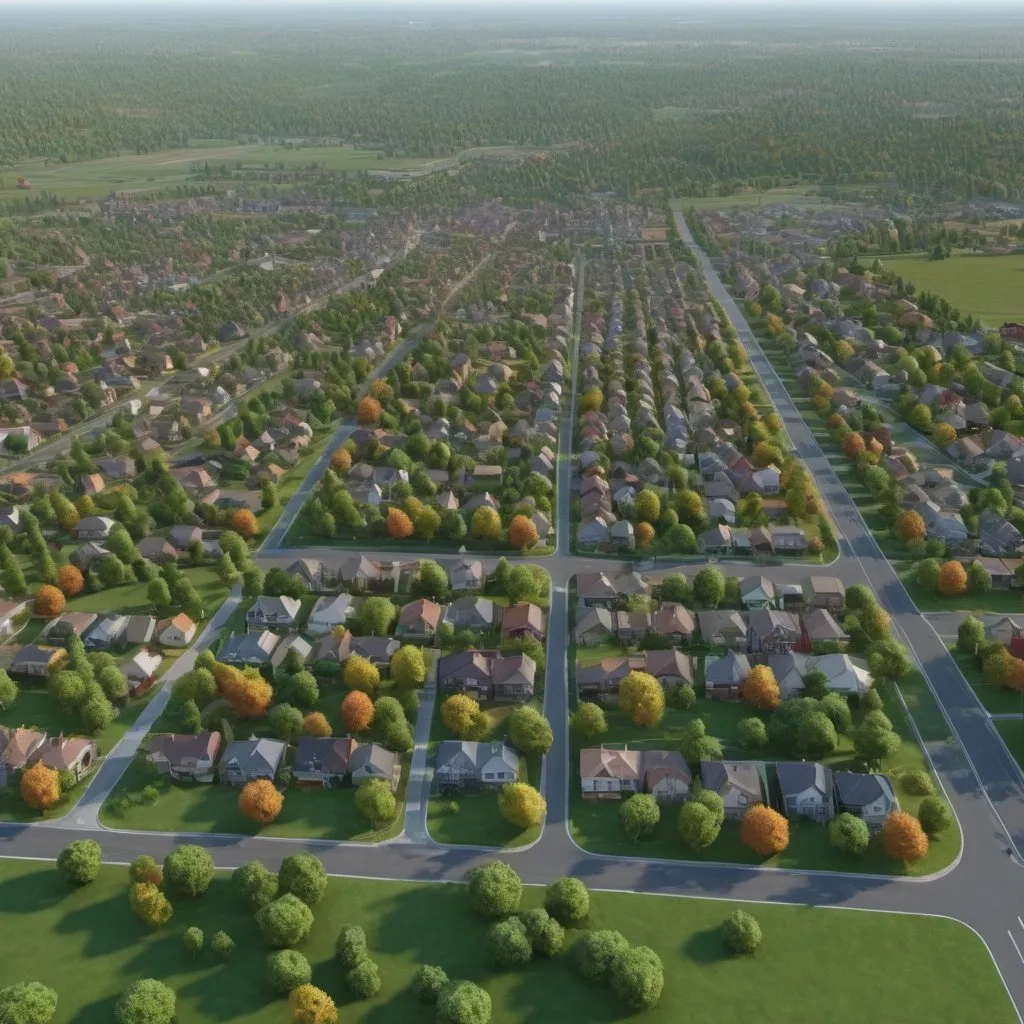 Prompt: Landscape of all colors. Suburban town. Showing trees and fields. trending on artstation, 8k, highly detailed and intricate. UHD. Realistic. Aerial shot.