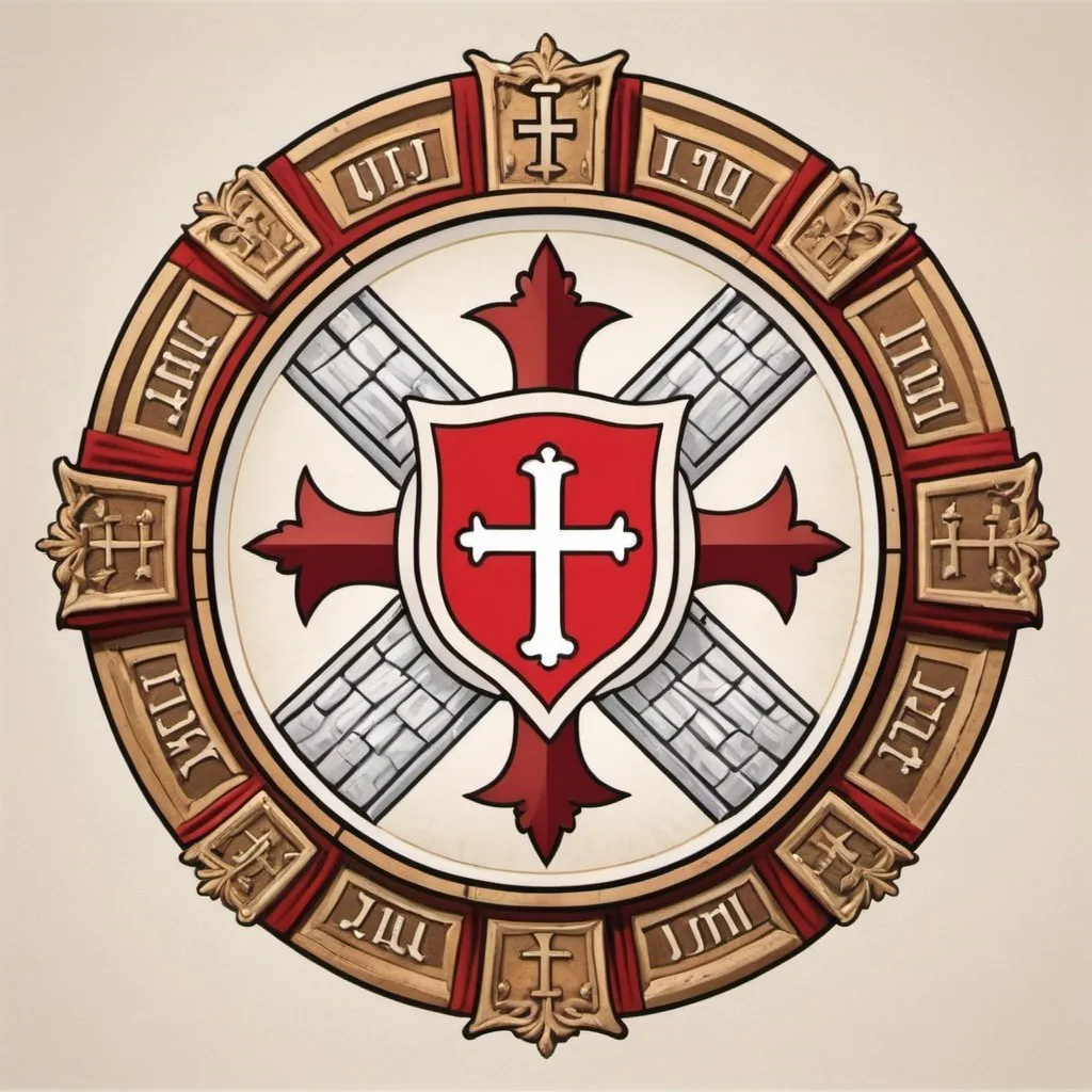 Prompt: A church logo with a coat of arms which had a  Red Jerusalem Cross at the center.