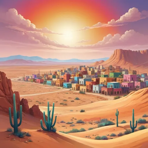 Prompt: A town in a desert. landscape with all colors.