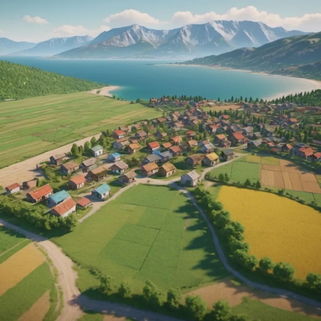 Prompt: Rural village. Landscape with all colors. With the mountains, ocean, trees, and fields.  Summer. Detailed. 8k. UHD. Realistic. Aerial shot.