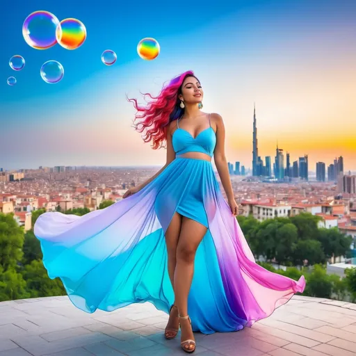 Prompt: a woman in with colorful hair, wearing flowing dress, looking at the sky, bubbles flying in the modern city,
18 year old mix of Levantine Arab, Filipina, Latina, and Slavic girl, cute girl, curvy body, hourglass figure, full body.