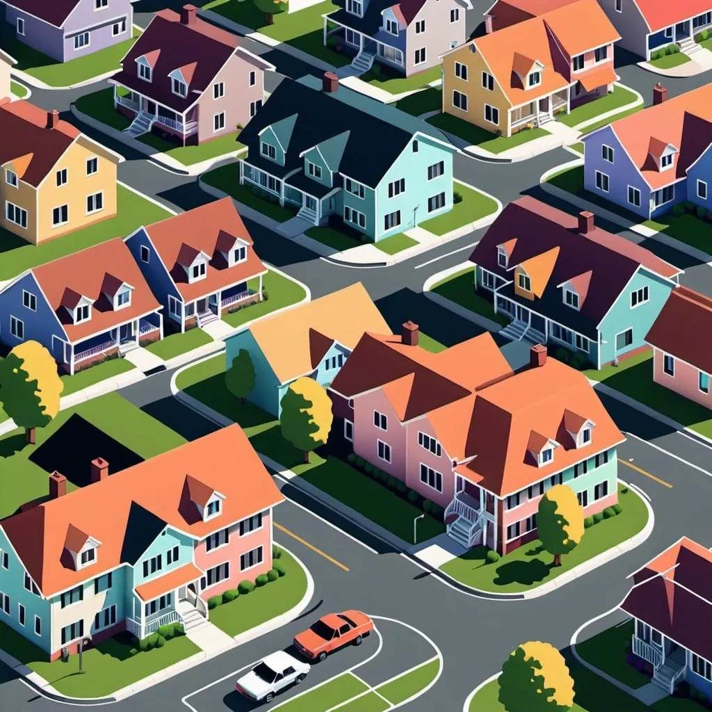 Prompt: 18 color palette bitmap image of a suburban town.