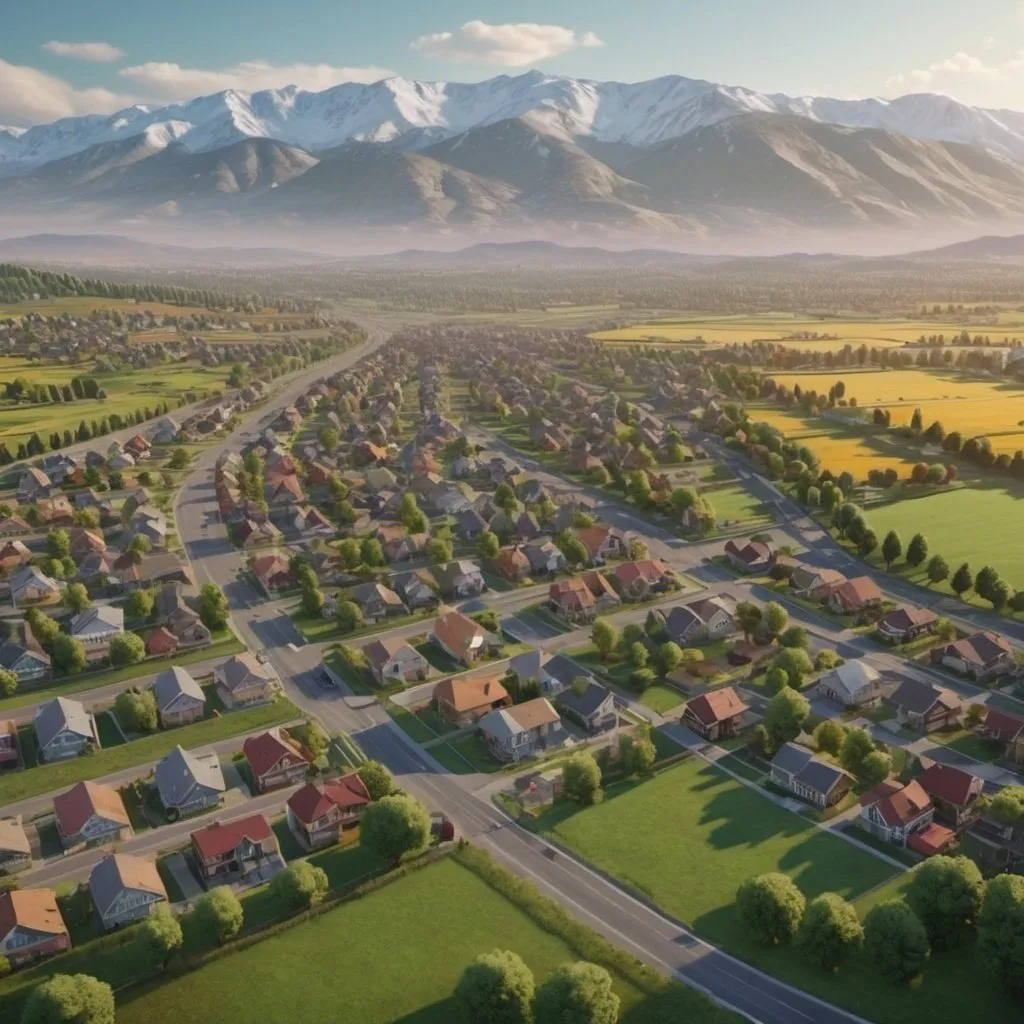 Prompt: Landscape of all colors. Suburban town. Showing sun, mountains, trees, and fields. trending on artstation, 8k, highly detailed and intricate. UHD. Realistic. Aerial shot.