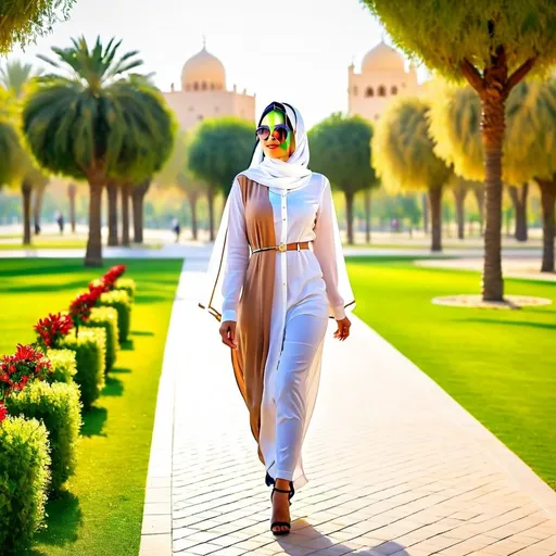 Prompt: A beautiful Levantine Arab woman walking in a park, innocent, modest clothing, Christian, full body, high definition, detailed, realistic