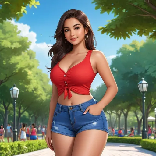 Prompt: 18 year old mix of Levantine Arab, Filipina, Latina, and Slavic girl, innocent, feminine, babyface, short girl, cute girl, red sleeveless shirt and blue denim shorts, park, curvy body, hourglass figure, full body, high definition, 8k, detailed, comic art