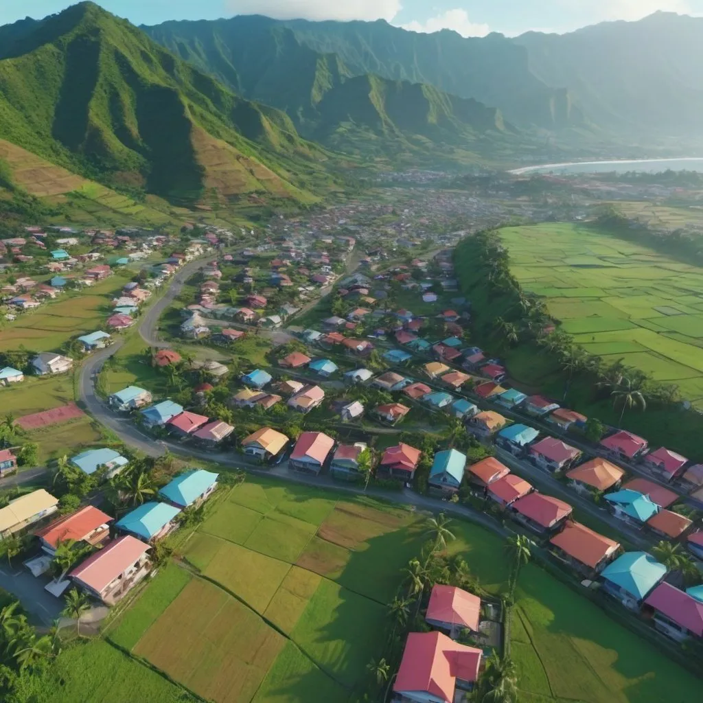 Prompt: Landscape with all colors. With the sun, mountains, houses, ocean, trees, and fields. Suburban town in the Philippines. Detailed. 8k. Aerial shot. UHD. Realistic.