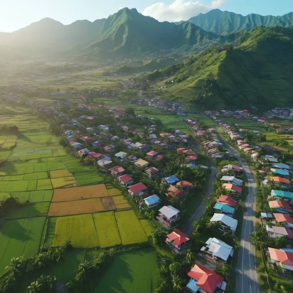 Prompt: Landscape with all colors. With the sun, mountains, houses, ocean, trees, and fields. Suburban town in the Philippines. Detailed. 8k. Aerial shot. UHD. Realistic.