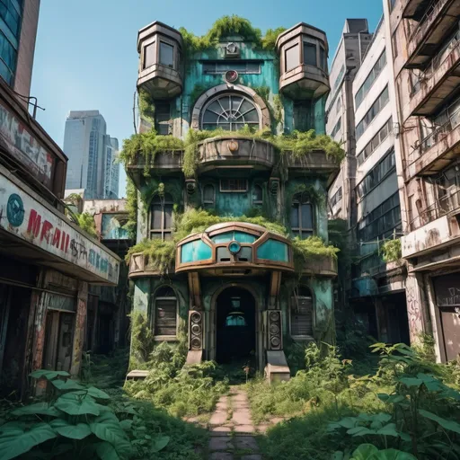 Prompt: entertainment district with an overgrown tomb, maximalist architecture, urban decay, techno futuristic excess, utilitarian, realistic photography, in the style of crystalline motherboard