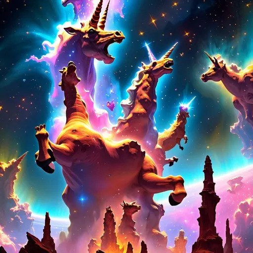 Prompt: the pillars of creation plus plus continued silliness emerging from the head of a three horned unicorn