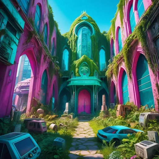 Prompt: entertainment district with an overgrown tomb, maximalist architecture in the fashion of crystalline motherboard, urban decay, techno future excess, utilitarian, abstract, photography, vivid colors