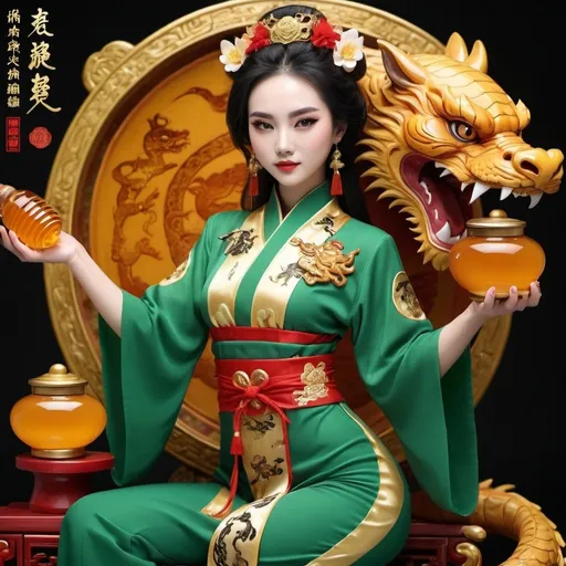 Prompt: Exclusive dynasty tigress jade dragon mistress provides sweet honey sesame 1000 year fortune accumulate