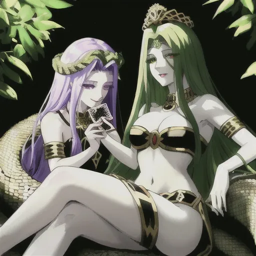 Prompt: Beautiful smug luminescent and ungodly medusa gorgon woman winning at a game of cards, pale skin,  snakes in hair, royalty, sharp eyes, prominent greens and blacks, as if in shadows, good health, magical realism