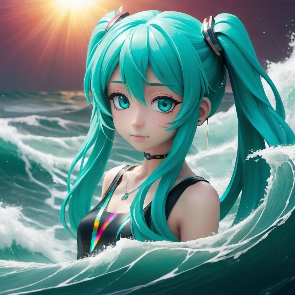 Prompt: a prism with {{{miku colored turquoise light}}}, pillers of creation, waves inside of waves