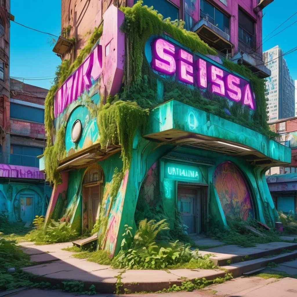 Prompt: entertainment district with an overgrown tomb, maximalist architecture in the fashion of crystalline motherboard, urban decay, techno future excess, utilitarian, abstract, photography, vivid colors