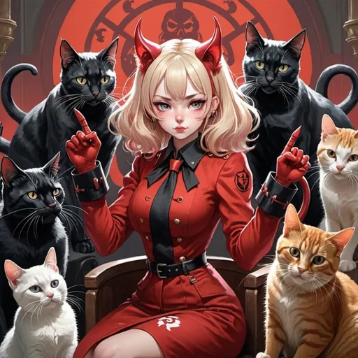 Prompt: there is a desiring-machine in the
center: the devil waifu with a cat paw gesture. And then, all around, there are agents of production and antiproduction, the organizers of the escape, the
accomplices, the allied sovereigns, the revolutionary enemies