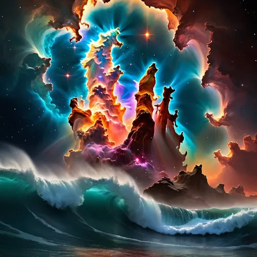Prompt: a prism, pillars of creation, waves inside of waves