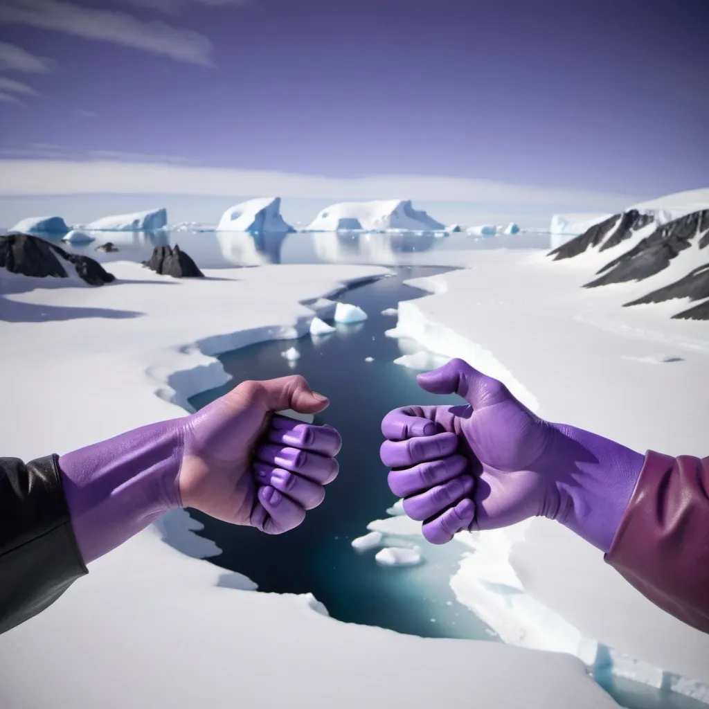 Prompt: handshake, disembodied hands, giant hands, Antarctica in the background, tinted purple 