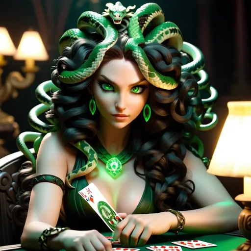 Prompt: Beautiful smug luminescent and ungodly medusa gorgon woman playing a game of cards, pale skin,  snakes in hair, royalty, sharp eyes, prominent greens and blacks, as if in shadows, good health, magical realism