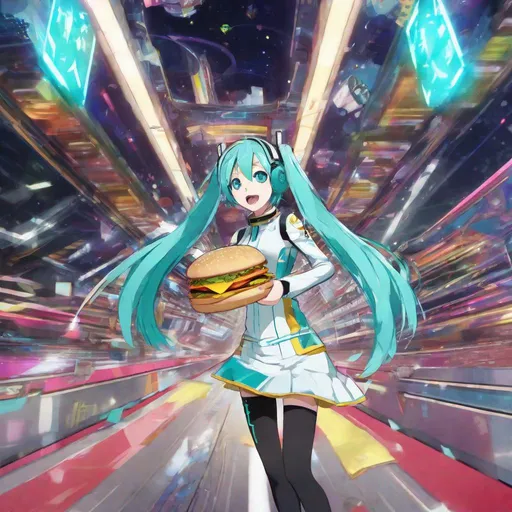 Prompt: miku, vocaloid, vocaloid spaceship, spaceship, spaceship delivering mcdonalds, mcdonalds, mach speed, kaleidoscope of errors, neon, lasers, escape sequence, chased by guards