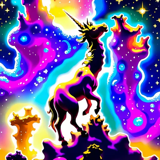 Prompt: the pillars of creation plus plus continued silliness emerging from the head of a three horned unicorn