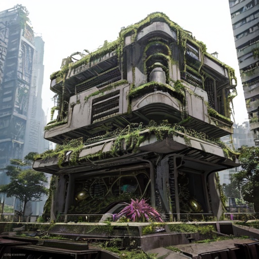 Prompt: entertainment district with an overgrown tomb, maximalist architecture, urban decay, techno futuristic excess, utilitarian, realistic photography, in the style of crystalline motherboard