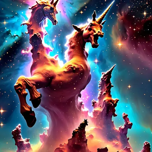 Prompt: the pillars of creation plus plus continued silliness emerging from the head of a three horned unicorn