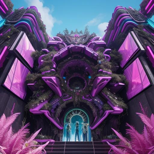 Prompt: entertainment district with an overgrown tomb, maximalist architecture in the fashion of crystalline motherboard, mirrored edges, urban decay, techno future excess, abstract, photography, vivid colors